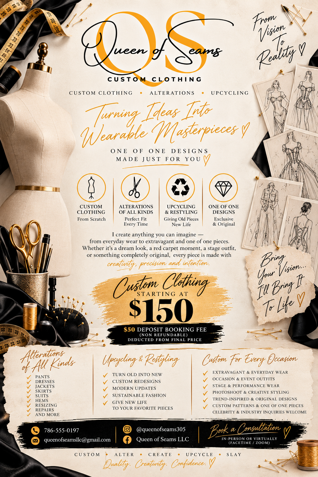 Queen of Seams couture atelier flyer featuring custom clothing and sewing illustrations